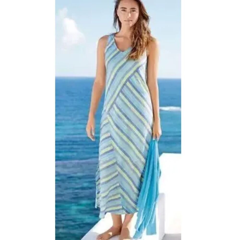 J Jill Love Linen Lotus Blue Stripe Maxi Dress M Petite Resort Cruise Vacation